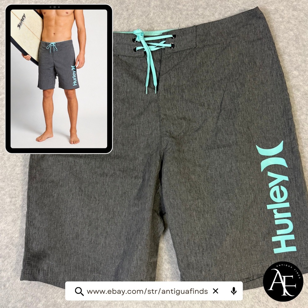 Hurley Mens Gray Teal Logo Board Shorts Swim Trunks Size 32 MBS0008690